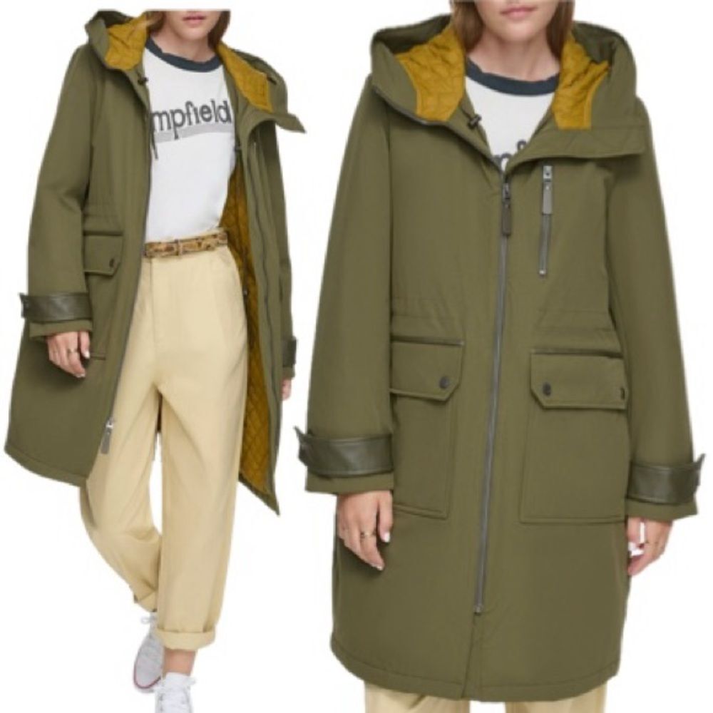 Andrew Marc Water Resistant Hooded Jacket Womens Size Large Olive Cargo Parka